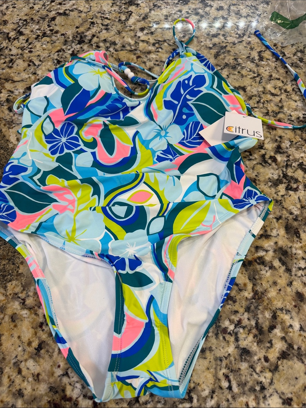 Citrus Floral Halter One-Piece Swimsuit - Multi